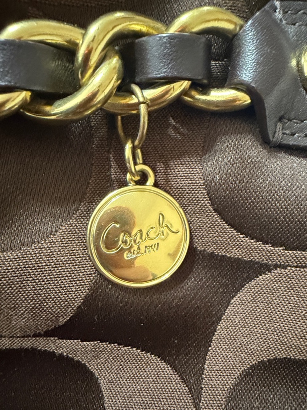 Coach Chocolate Brown Signature Sateen Leather Shoulder/Crossbody GoldTone Chain - Picture 3 of 15